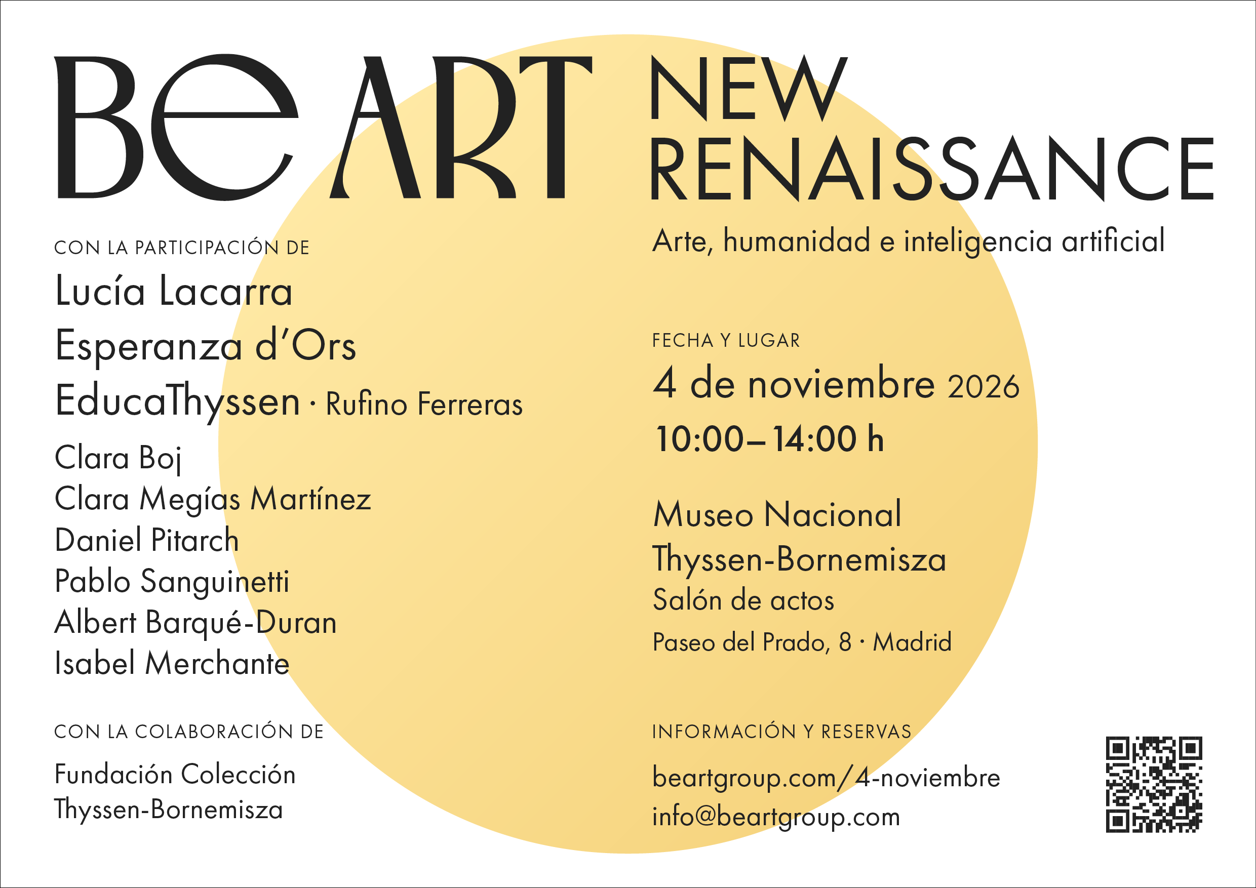 Poster for the New Renaissance launch on 4 November: Art, humanity and artificial intelligence, in the Auditorium (Salón de actos) at the Museo Nacional Thyssen-Bornemisza, Madrid
